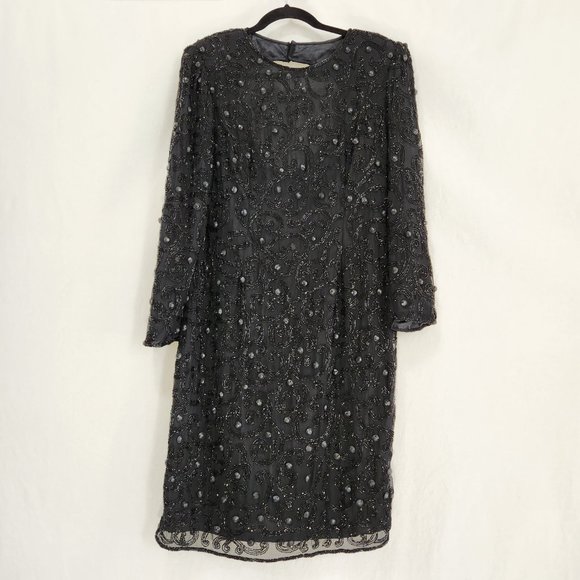 Vintage JOAN LESLIE Hollywood-Fairy-Tale Beaded Black Silk Sheath Dress Size 10. - Picture 4 of 16